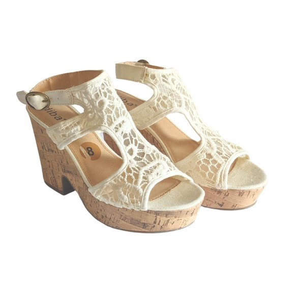 Diba Shoes - diba White Lace Fabric Wedge Platform Sandals, Espadrille style, Size 8